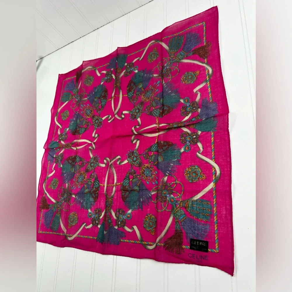 Celine Paris Pink Blue Gold Multi Color Scarf Handkerchief - Picture 5 of 7